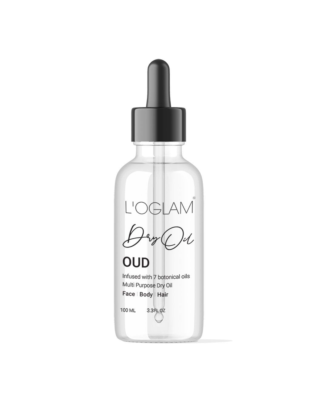 L’OGLAM Dry Oil Oud Scented bottle on white background