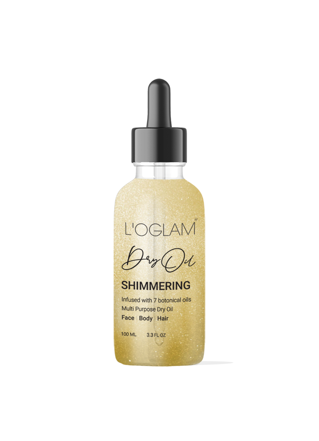 L’OGLAM Dry Oil Shimmering 100 ml bottle with golden shimmer on white background