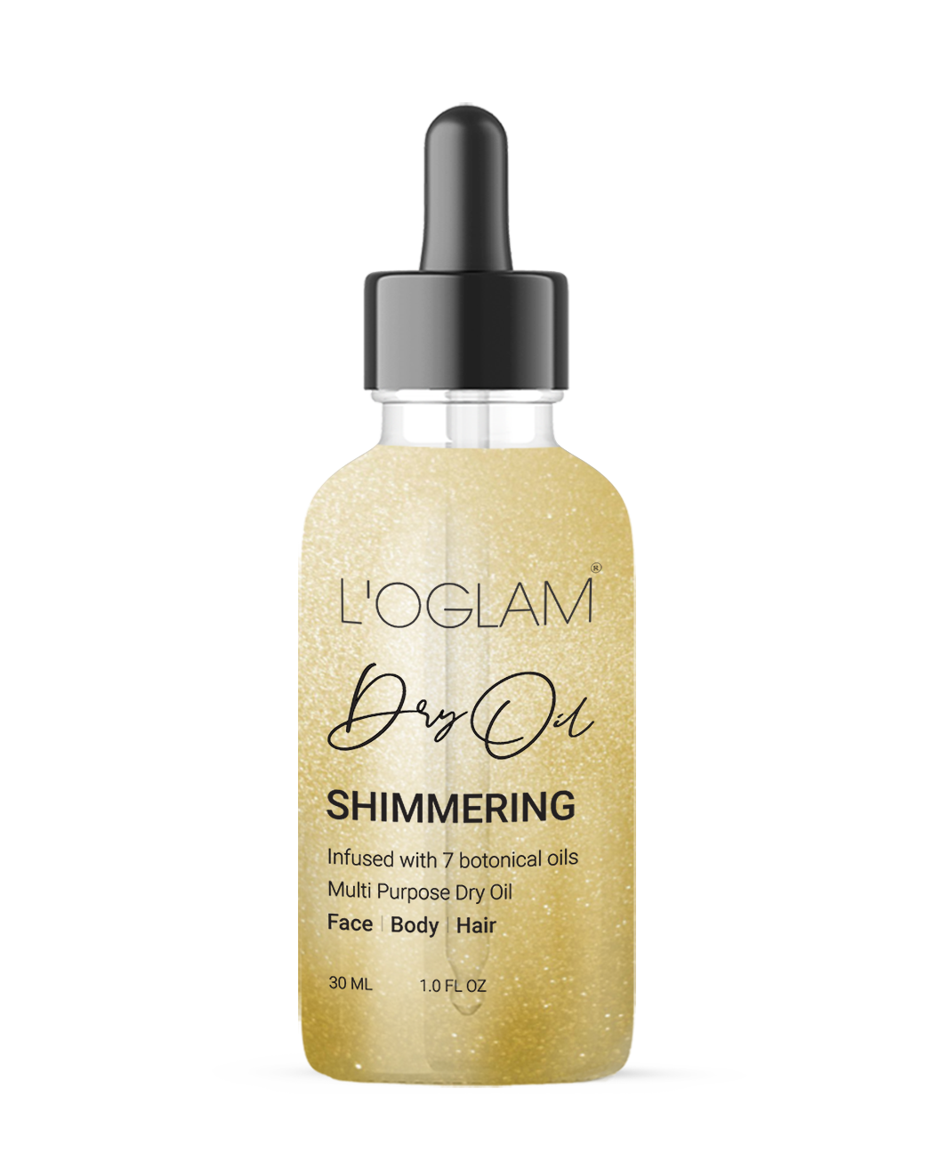 L’OGLAM Dry Oil Shimmering 30 ml bottle with golden shimmer on white background
