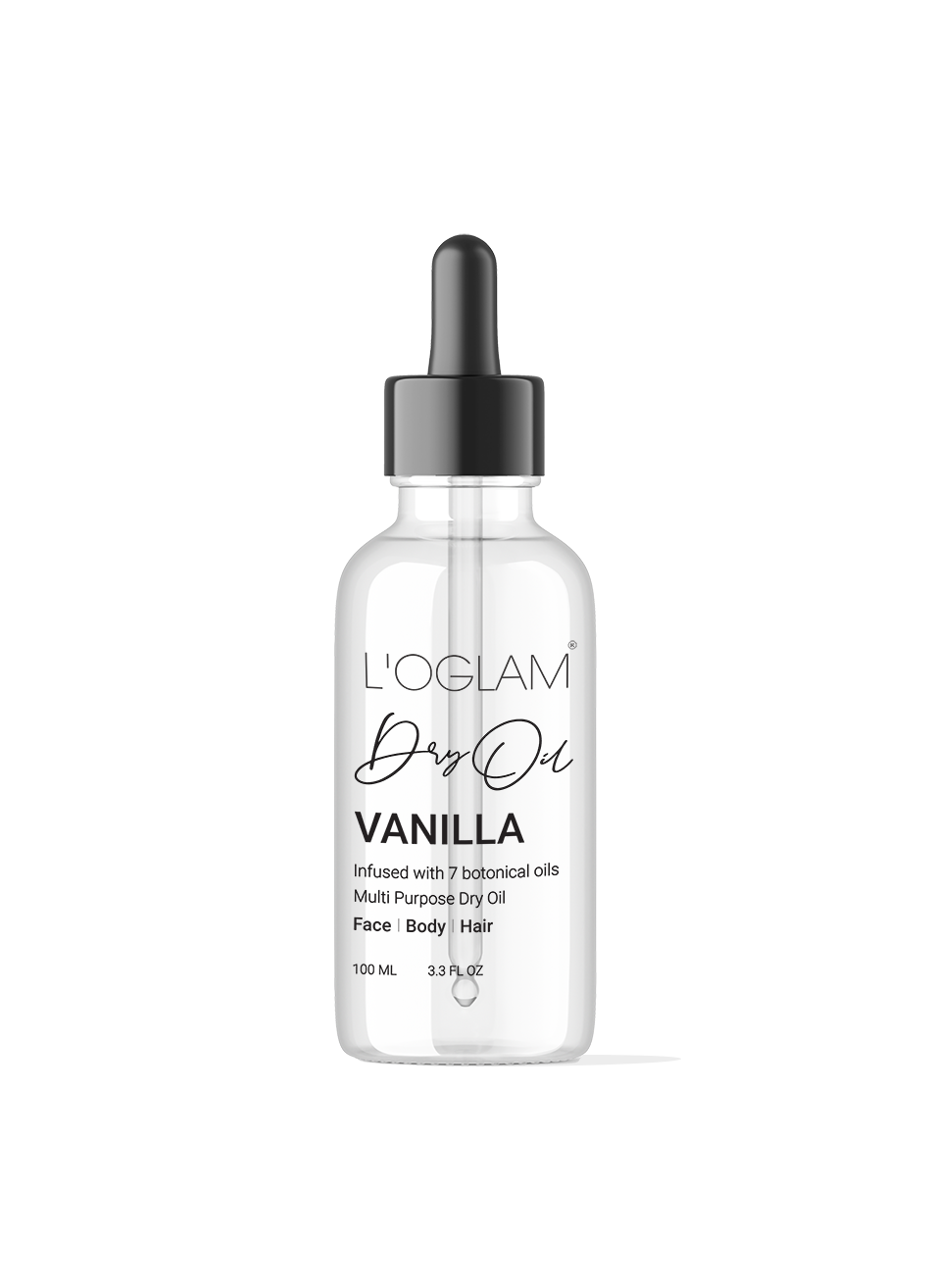 L’OGLAM Dry Oil Vanilla Scented bottle on white background