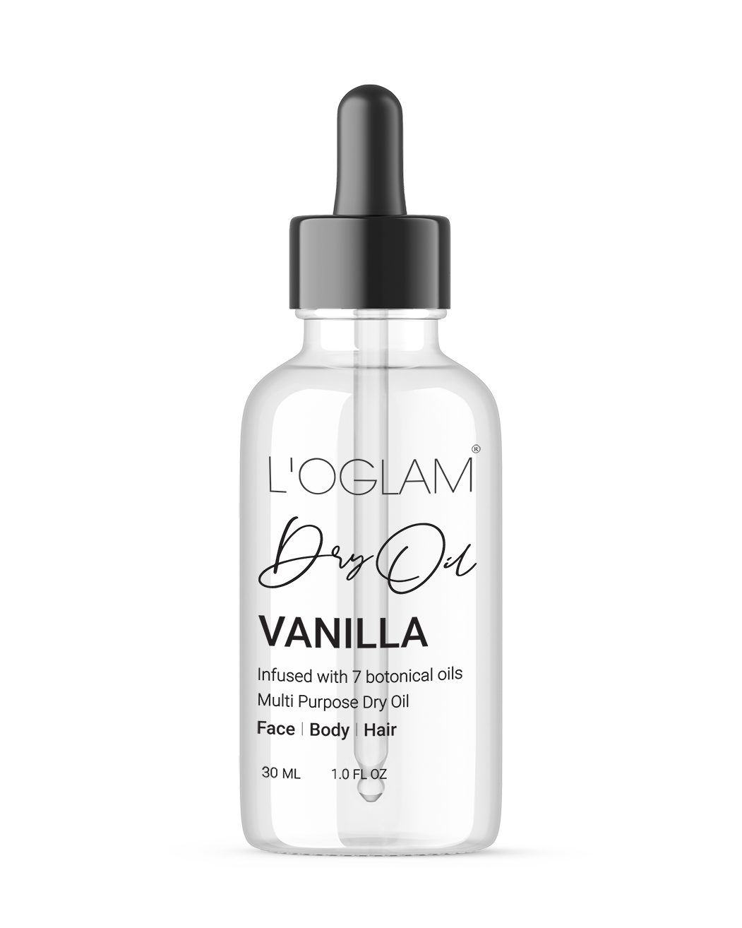 L’OGLAM Dry Oil Vanilla Scented bottle on white background