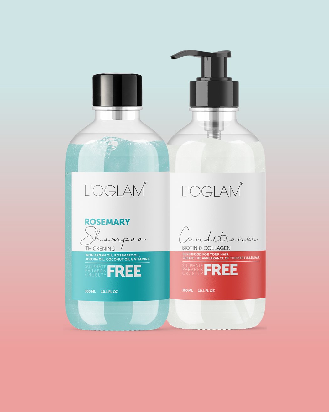 L’OGLAM Ultimate Duo shampoo and conditioner bottles on gradient background