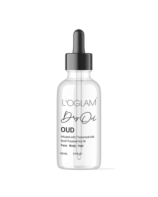 L’OGLAM Dry Oil Oud Scented bottle on white background