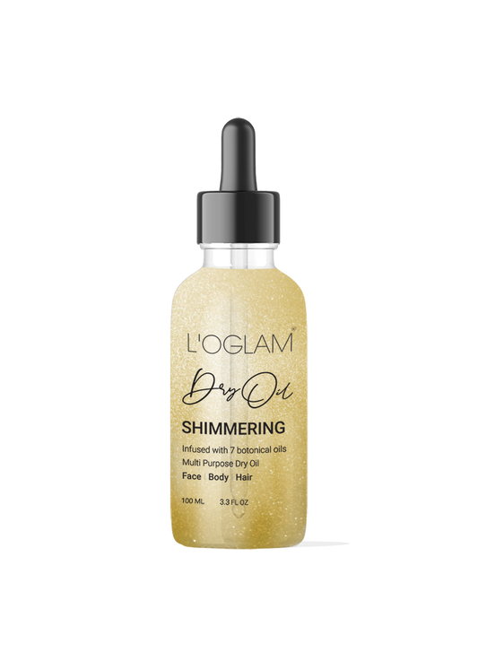 L’OGLAM Dry Oil Shimmering 100 ml bottle with golden shimmer on white background