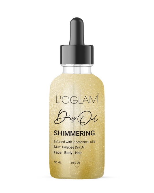 L’OGLAM Dry Oil Shimmering 30 ml bottle with golden shimmer on white background