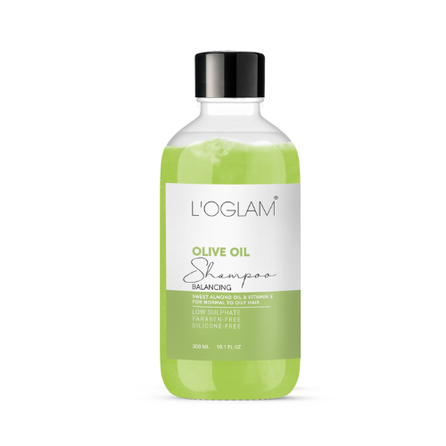 L’OGLAM Olive Oil Low Sulphate Shampoo bottle on white background